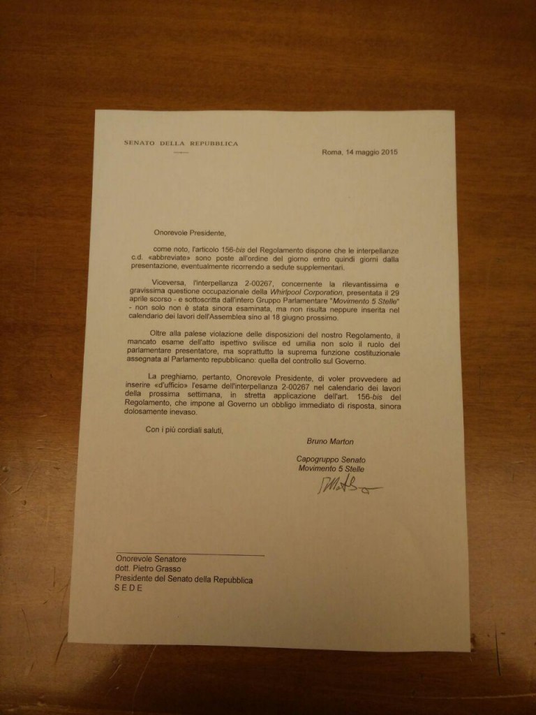 La lettera inviata al Presidente del Senato, Pietro Grasso